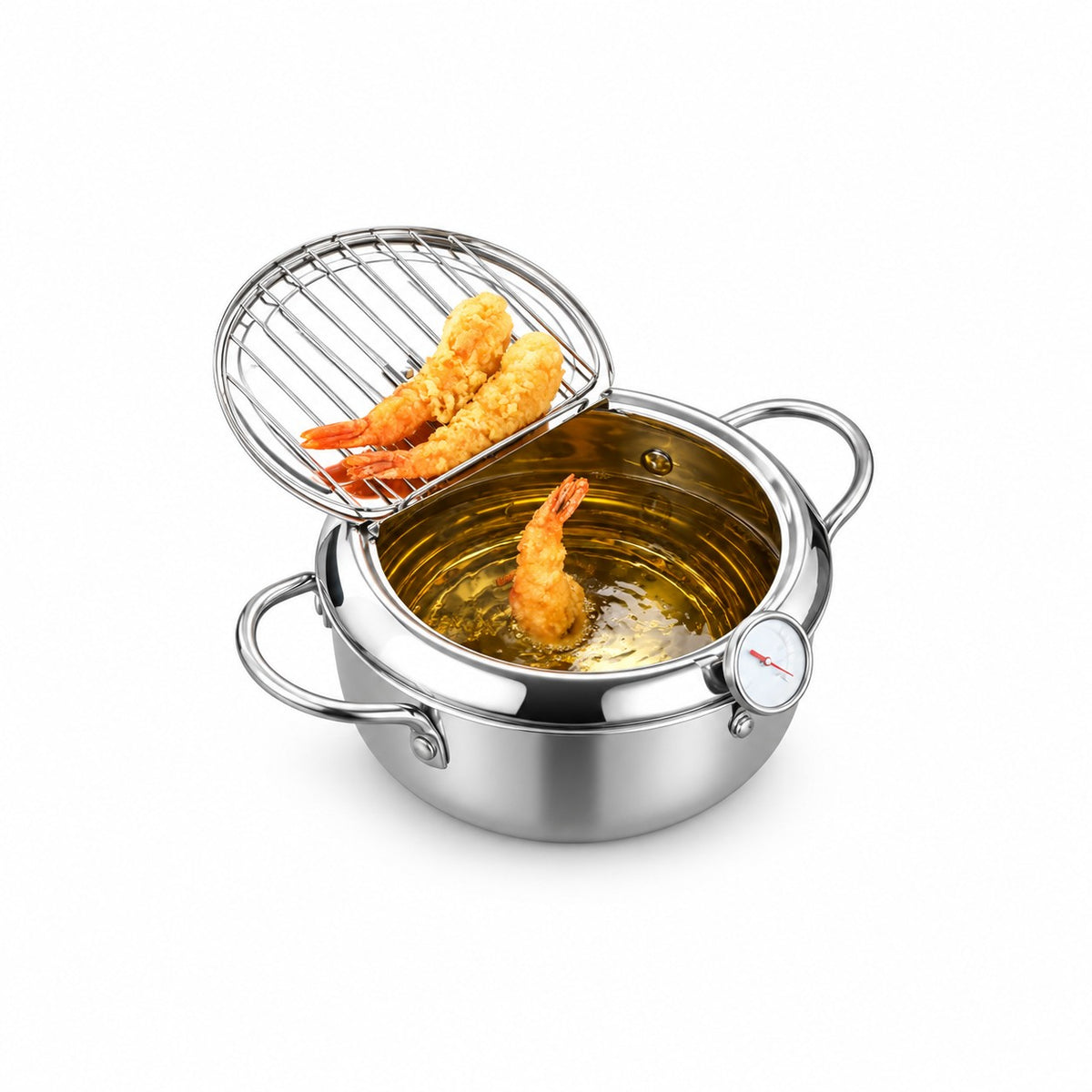 Stainless Steel Tempura Fryer Pot with Thermometer and Drain Rack