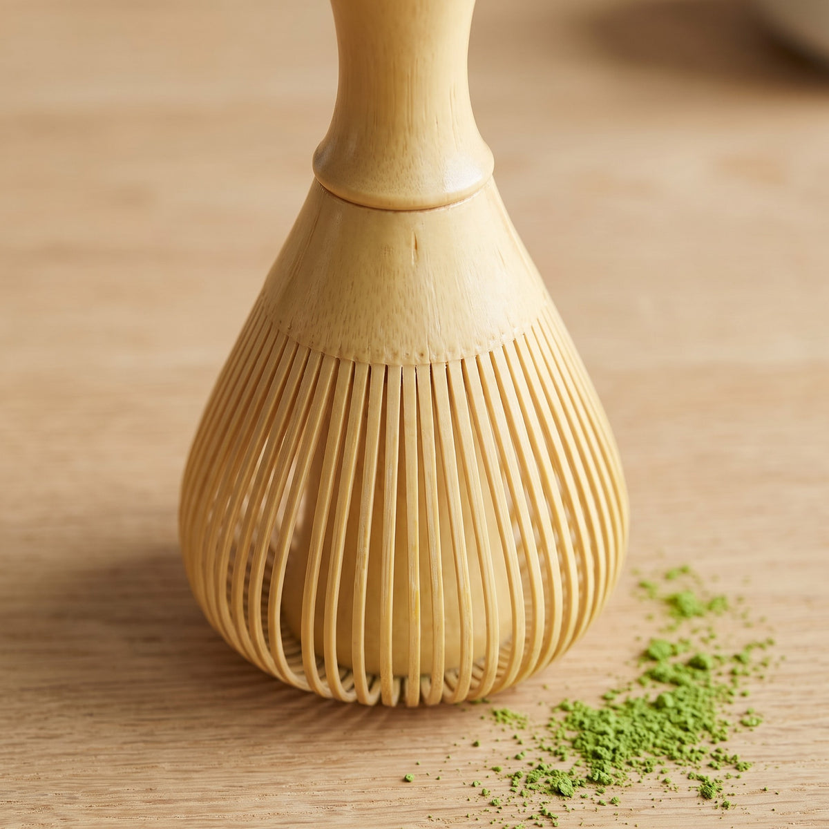 Traditional Bamboo Matcha Whisk for Frothy Tea - close-up of the natural bamboo grain and fine tines