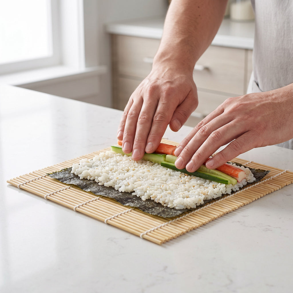Traditional Bamboo Sushi Rolling Mat for Beginners in use, pressing crab and cucumber onto rice and nori before rolling