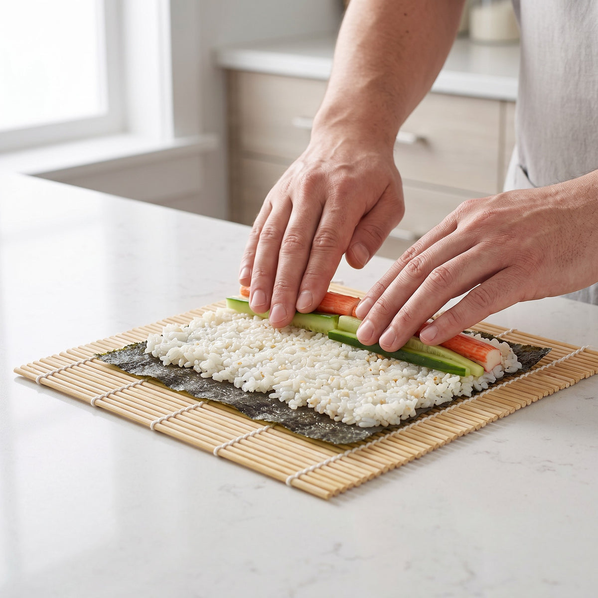 Traditional Bamboo Sushi Rolling Mat for Beginners in use, pressing crab and cucumber onto rice and nori before rolling