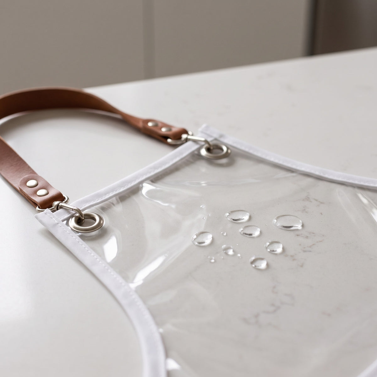 Transparent Easy-Wipe Kitchen Apron with Adjustable Brown Straps - close-up of the clear easy-wipe material, brown strap and metal grommet