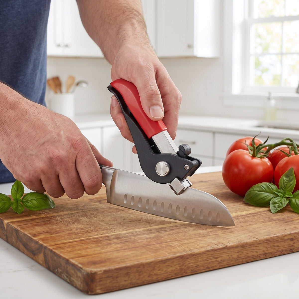 Tungsten Carbide Clamp Knife Sharpener with Magnetic Mount in use, sharpening a santoku knife on a cutting board