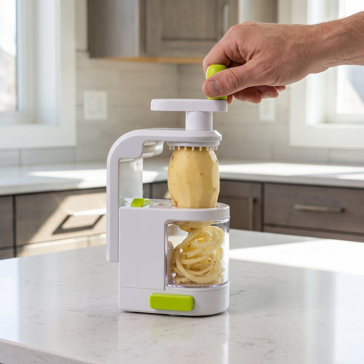 Vertical Vegetable Spiralizer for Zucchini Noodles and Curly Fries in use, turning the crank to spiralize a potato
