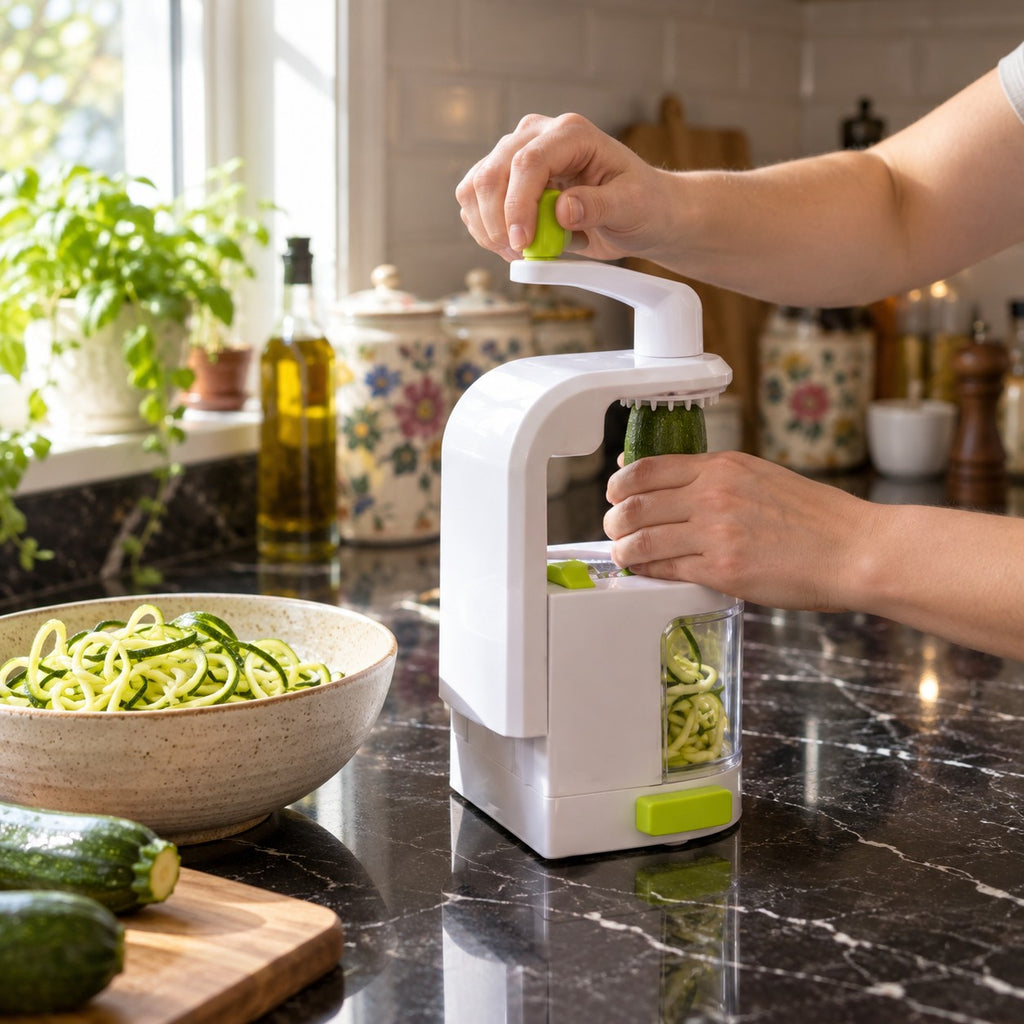 Vertical Vegetable Spiralizer for Zucchini Noodles and Curly Fries in a home kitchen