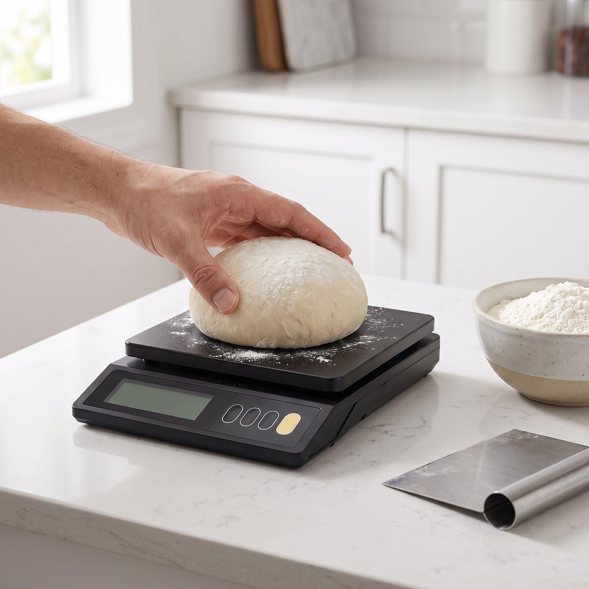 Waterproof Rechargeable Kitchen Scale with Stainless Steel Platform in use, weighing a ball of bread dough