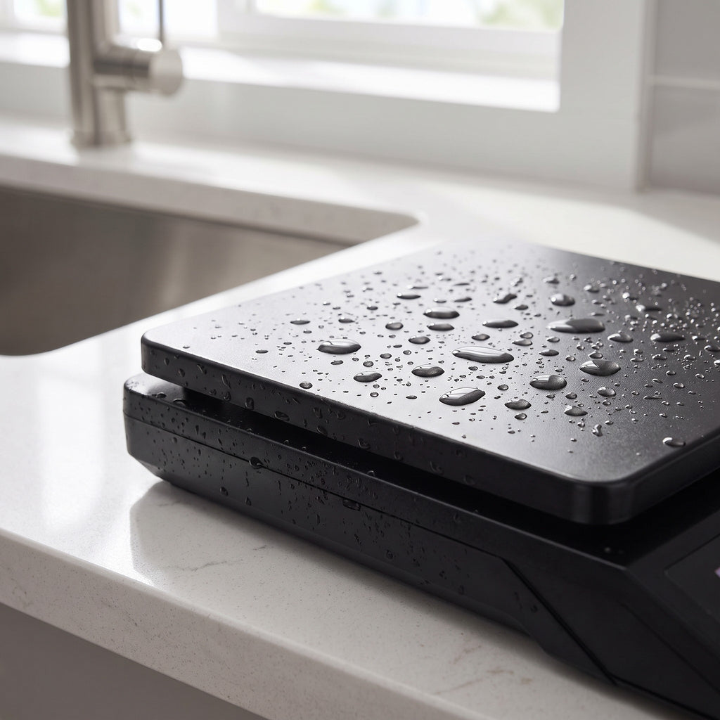 Waterproof Rechargeable Kitchen Scale with Stainless Steel Platform - close-up of the black stainless steel platform beaded with water droplets