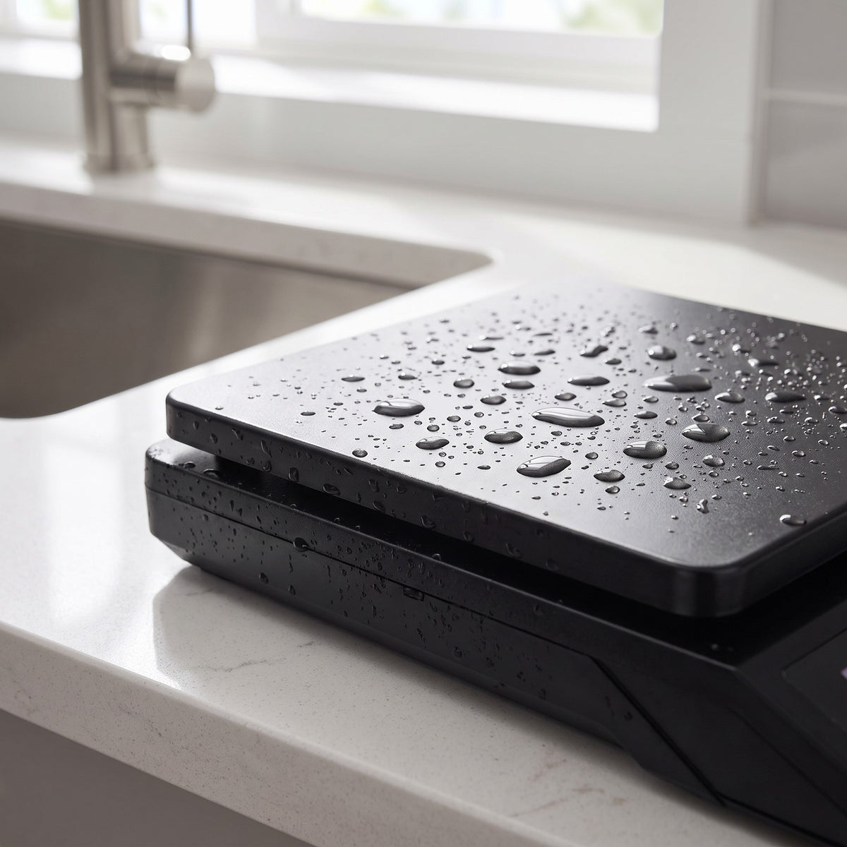 Waterproof Rechargeable Kitchen Scale with Stainless Steel Platform - close-up of the black stainless steel platform beaded with water droplets