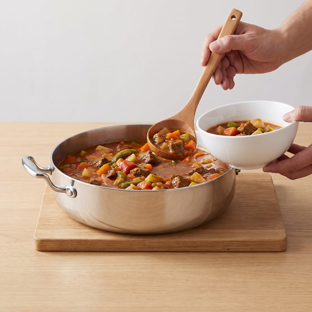 Wide 316 Stainless Steel Soup Pot with Two Handles in use, serving beef and vegetable stew at the table
