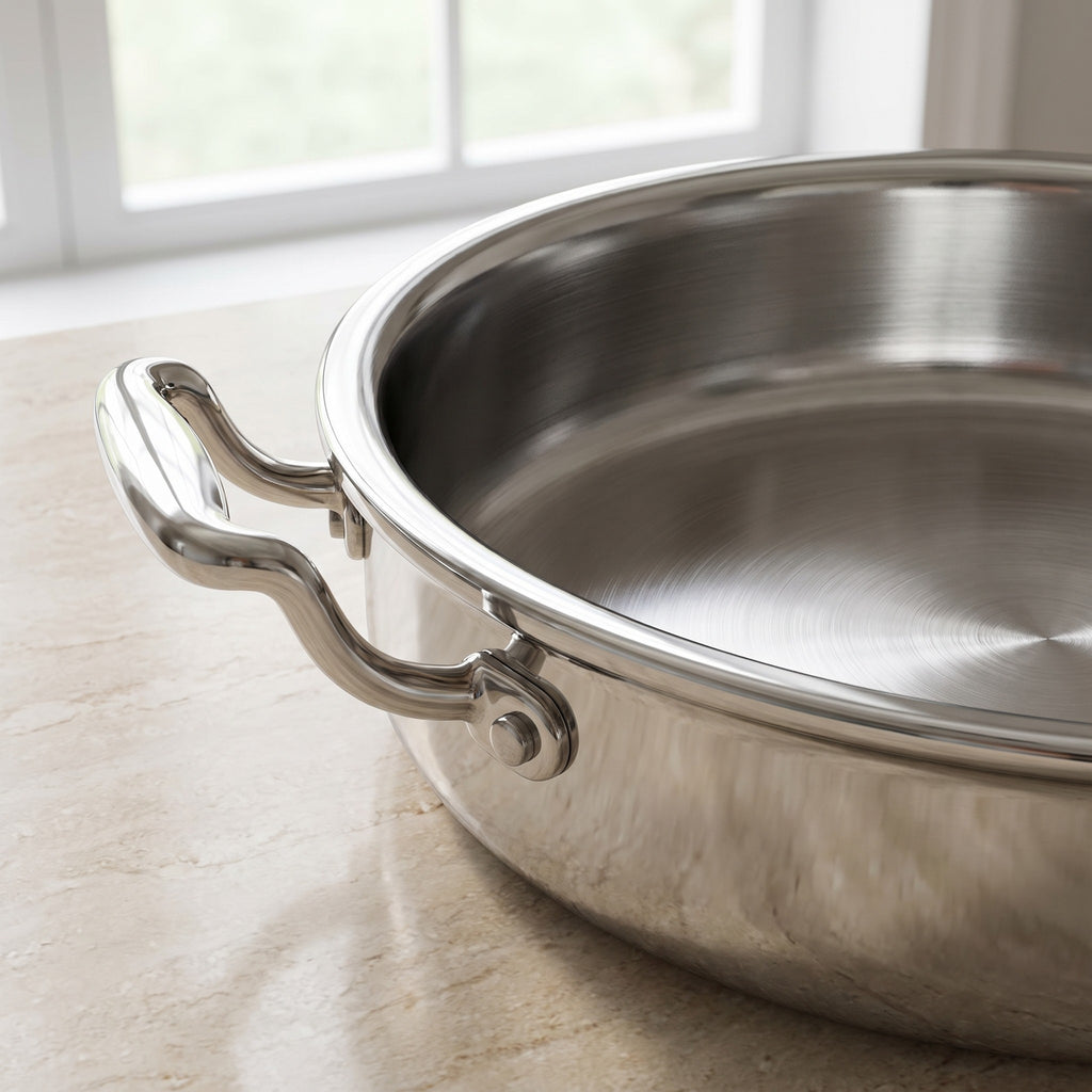 Wide 316 Stainless Steel Soup Pot with Two Handles - close-up of the polished 316 stainless steel and riveted side handle