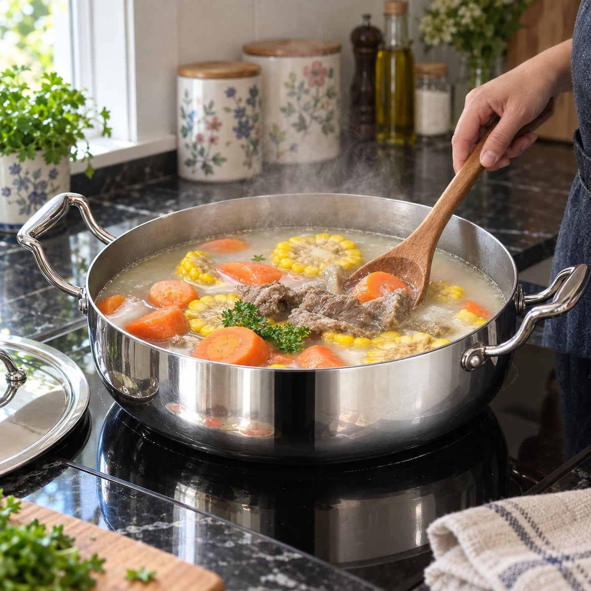 Wide Stainless Steel Soup Pot with Two Handles in a home kitchen