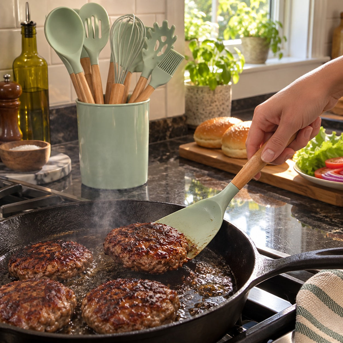 Wood-Handle Silicone Utensils, full range shown in a home kitchen
