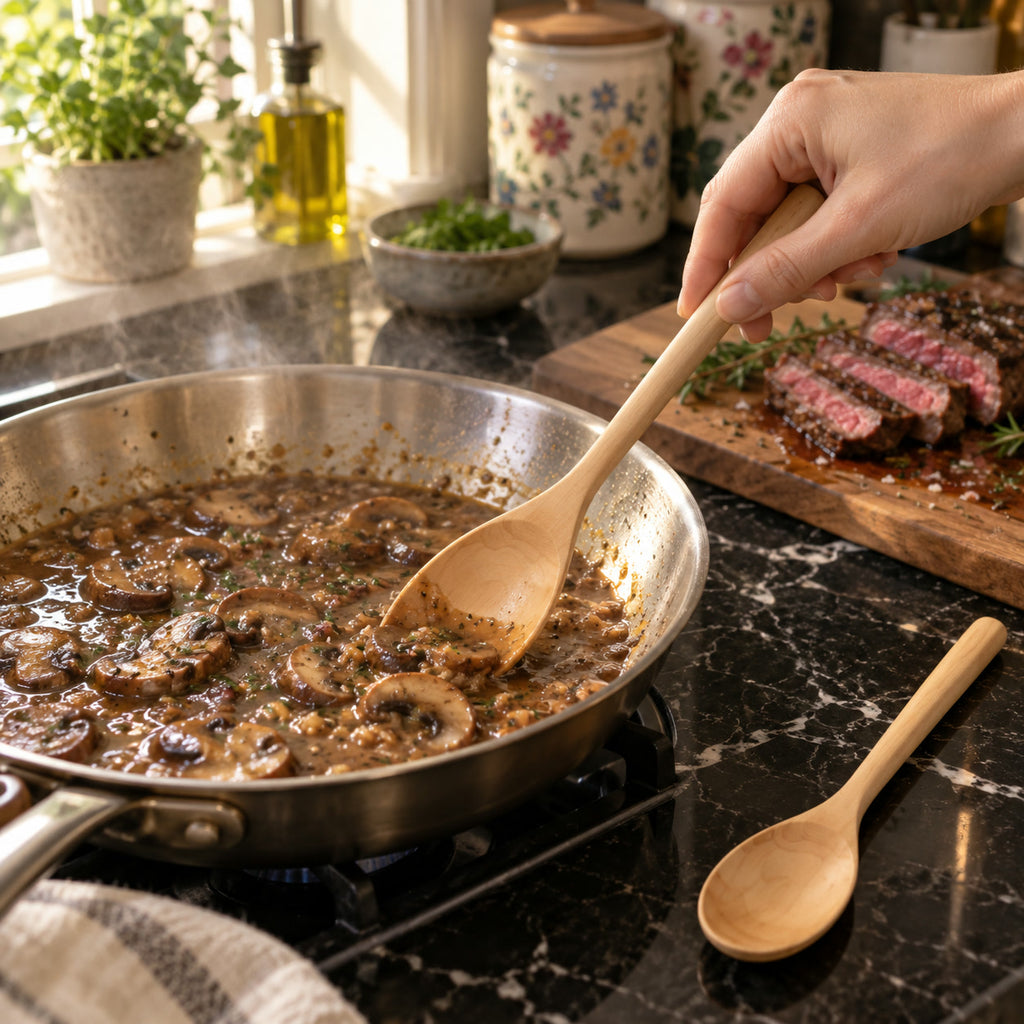 Wooden Cooking Spoons (2-Pack), stirring a mushroom pan sauce