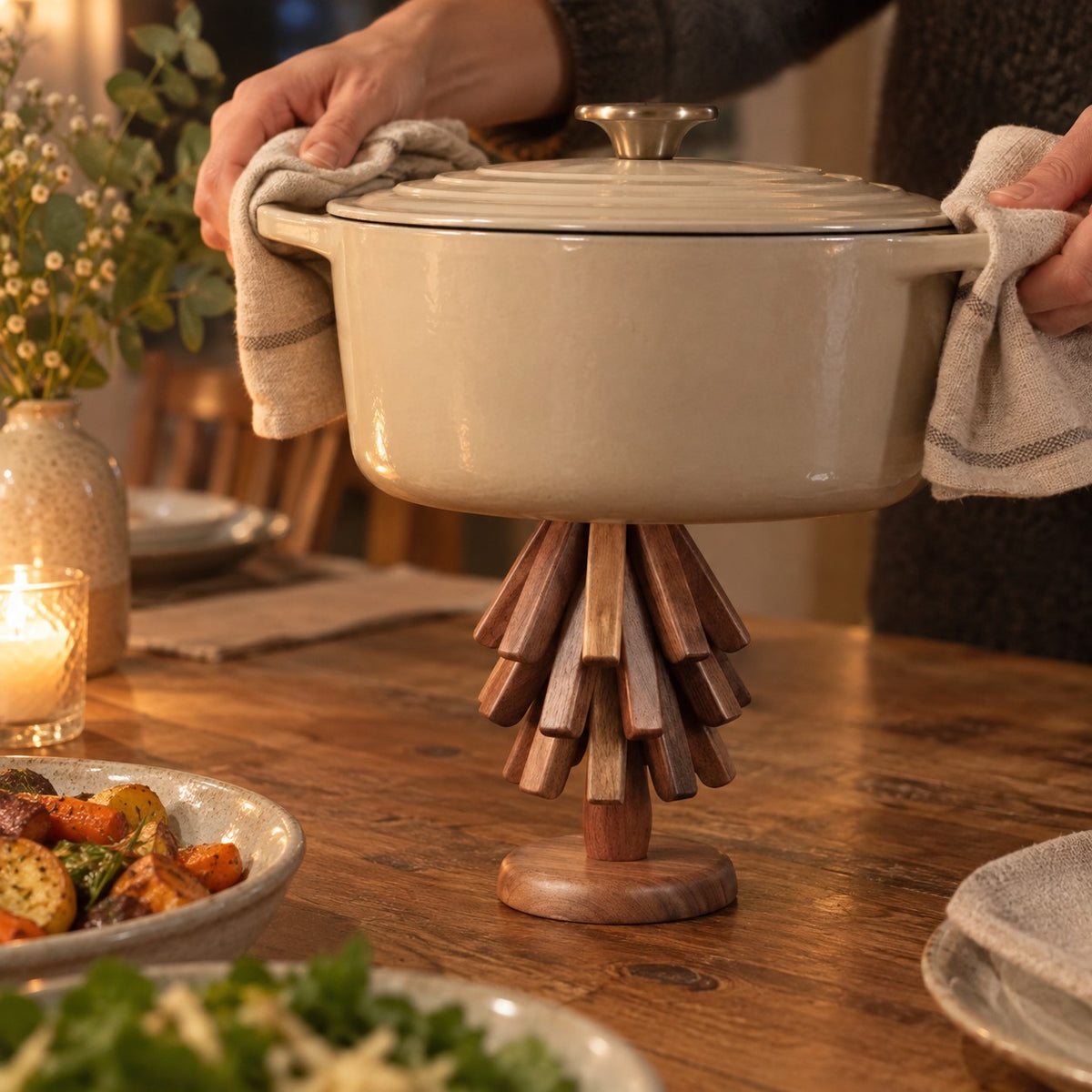 Wooden Tree Trivet in a home kitchen